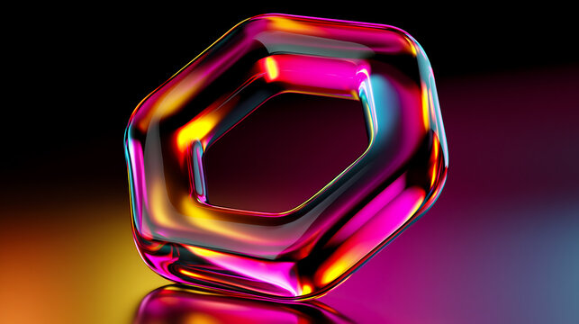 Abstract geometric glass object with a hexagonal shape featuring vivid yellow, pink, and orange reflections on a dark gradient background.
