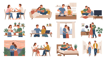 Fototapeta premium Happy Couple Lifestyle Illustration Set, Modern Relationship and Home Activities Collection