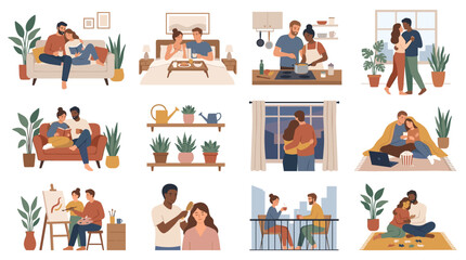 Fototapeta premium Happy Couples and Family Lifestyle Illustration Set, Modern Home Relationships and Daily Life Collection
