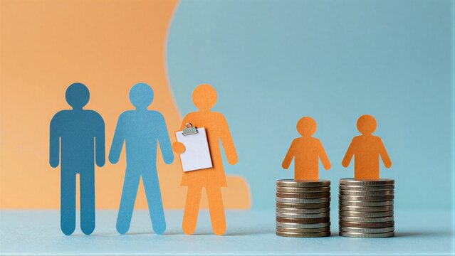 Paper cutouts show family vs. financial disparity with stacked coins