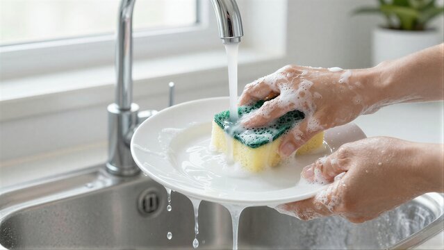 Hands wash a plate under running water with soapy sponge in kitchen