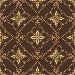 Obraz premium Hand-drawn Seamless Luxurious Summer Damask Pattern Featuring Elegant Vintage Scroll Ogee Trellis Framework in Royal Espresso and Golden Ivory for Premium Wallpaper and High-end Silk Textile