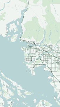Modern minimalist vector map of Vancouver, British Columbia, Canada. High-quality scalable illustration of Vancouver city grid, Stanley Park, Burrard Inlet for posters and design.
