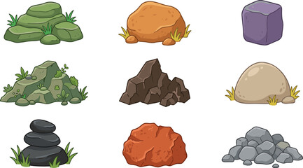 Cartoon Rock and Stone Collection with Mossy, Stacked, Boulder, and Gravel Variations in Different Colors for Game and Nature Designs © Mifta