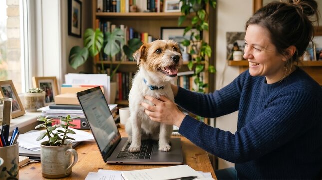 Funny Dog Sitting on Laptop Owner Smiling Home Office