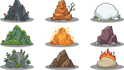  Cartoon Rock and Stone Set with Nature Elements Including Mossy, Fiery, Glowing, and Floral Mountain Boulder Designs for Games and Apps © Mifta