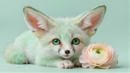 Fototapeta premium Cute mint fox with green eyes beside a soft pink flower.