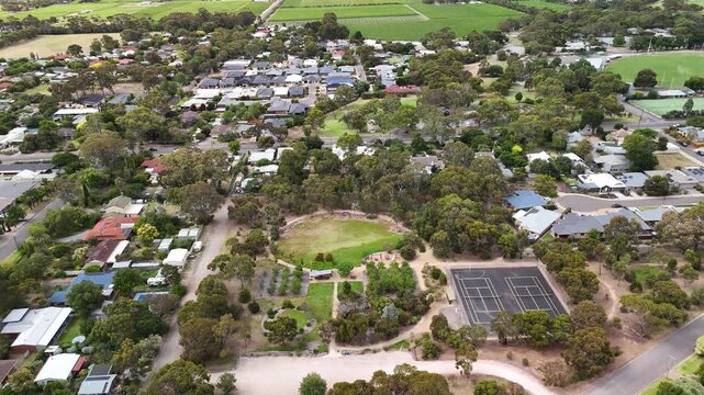 Willunga, South Australia &ndash; 4K Aerial Drone Footage of Historic Township, Residential Streets, Houses, Estates, Rural Landscape, Sports Grounds, Garden and Parks, Scenic Adelaide Hills Region