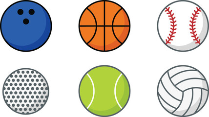 Obraz premium Sports Ball Collection Set with Bowling, Basketball, Baseball, Golf, Tennis, and Volleyball Icons for Sports and Athletic Designs