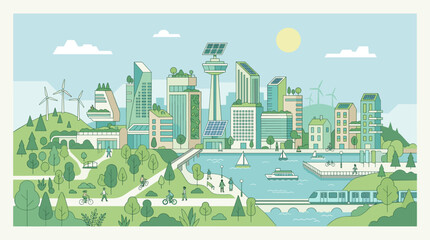 Fototapeta premium Sustainable Smart City Panorama Illustration with Green Eco Architecture, Waterfront Skyline and Renewable Energy Landscape
