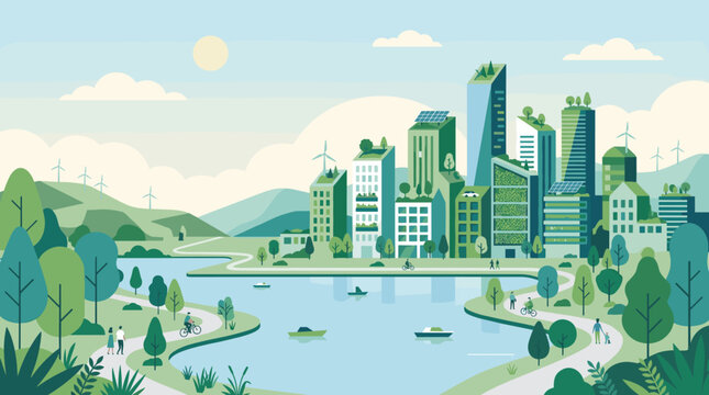Eco-Friendly Modern City Landscape with Lake and Wind Turbines &ndash; Bright Flat Vector Illustration