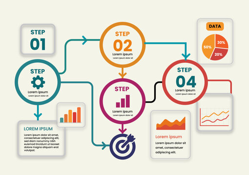 Business infographic template with 4 steps process flow chart, business icons, and data analysis charts on a grid background. Vector illustration