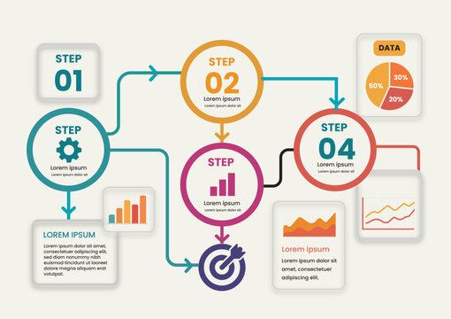 Business infographic template with 4 steps process flow chart, business icons, and data analysis charts on a grid background. Vector illustration