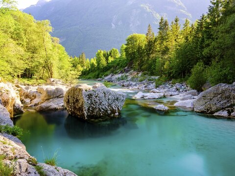 Emerald green Soca River, Soca Valley, Triglav National Park, Bovec, Slovenia