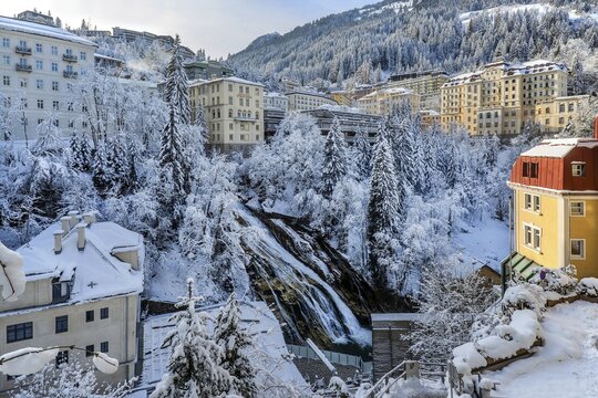 Winter village centre with waterfall of the Gasteiner Ache, Bad Gastein, Gastein Valley, Hohe Tauern National Park, Salzburg Province, Austria