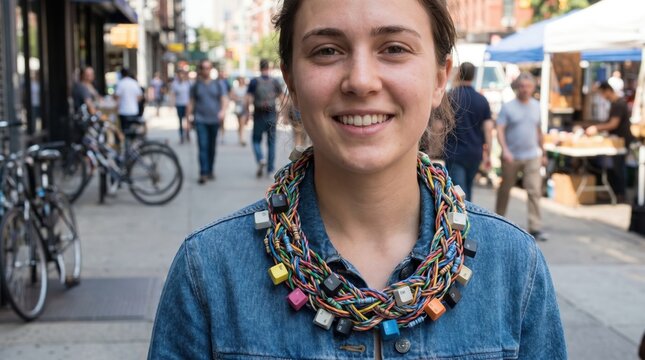 Portrait of a smiling woman outdoors wearing a unique upcycled necklace made of computer keys and colorful wires