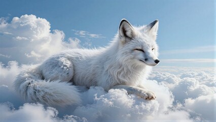 Fototapeta premium White fox lounges atop fluffy clouds under a serene blue sky.