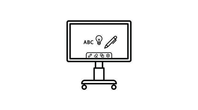 A line art icon of a mobile interactive whiteboard with a screen displaying text, a lightbulb, and a pen.