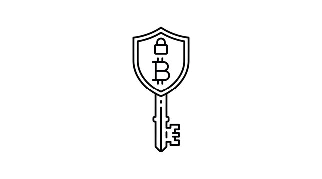 A line art illustration of a key with a shield head, featuring a Bitcoin symbol and a padlock, representing cryptocurrency security.