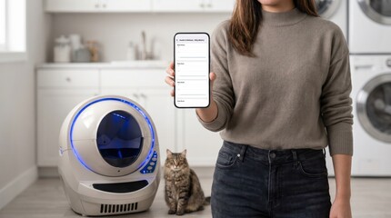 Woman holding a smartphone displaying a pet health app standing next to a futuristic automatic cat litter box