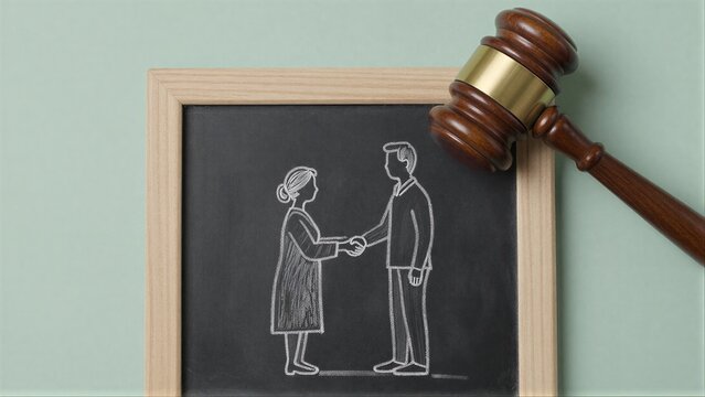 Handshake on chalkboard beside judge's gavel symbolizing legal