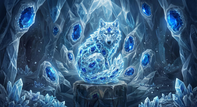 Majestic Ice Crystal Wolf in Frozen Cavern with Glowing Sapphire Gems