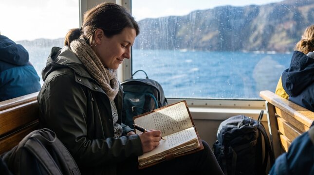 Woman sitting by a window on a moving ferry boat writing in a leather bound journal with ocean views outside