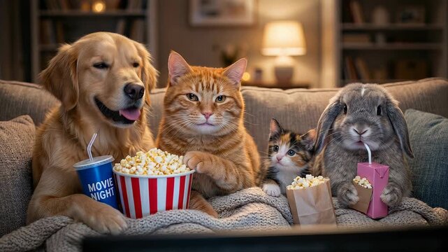 Golden retriever, cat, kitten, and rabbit sitting on sofa eating popcorn while watching movie. Adorable domestic animals having fun at home during evening.