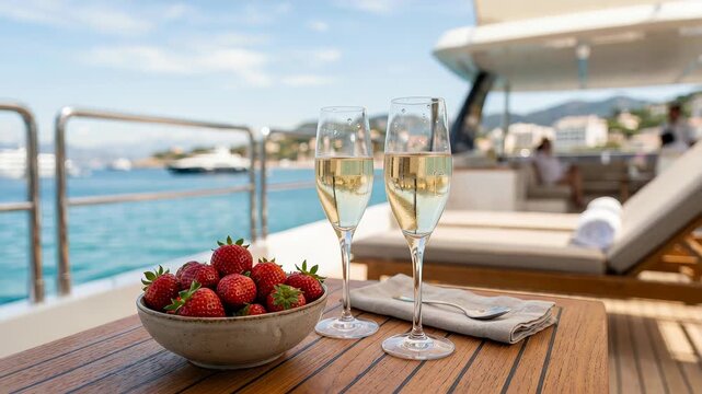 Champagne and fresh strawberries on luxury yacht deck. Festive romantic treat with flute of sparkling wine overlooking Mediterranean.