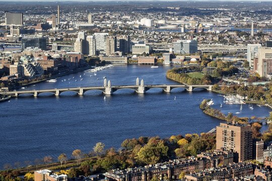 View from Prudential Tower to Charles River, Longfellow Bridge and the North of the City, Boston, Massachusetts, New England, USA