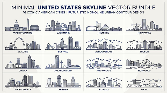 Minimal United States Skyline Vector Bundle with Futuristic Monoline American City Silhouettes and Urban Landmark Collection