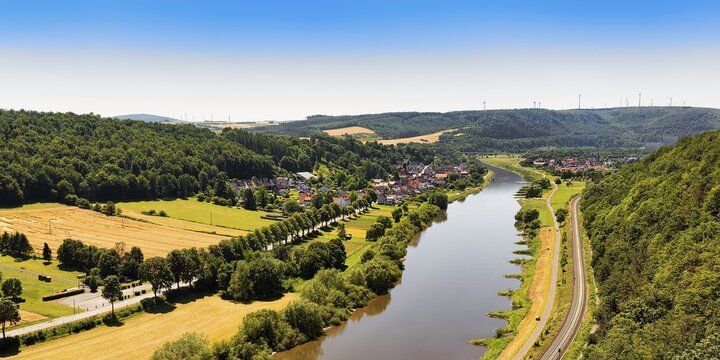 View from the Skywalk on the Weser river towards Herstelle and W&uuml;rgassen, Beverungen, H&ouml;xter, East Westphalia, Weserbergland, North Rhine-Westphalia, Germany