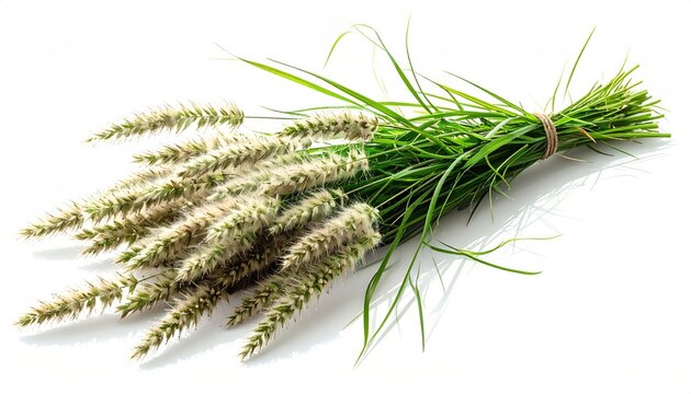 A bundle of tall grasses with feathery seed heads, tied together with twine