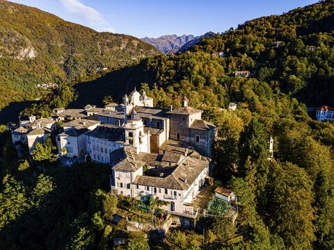 Aerial of the Unesco world heritage site Sacro Monte de Varallo, Italy