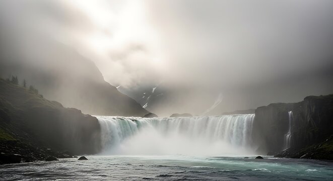 Majestic waterfall cascades through a breathtaking, misty landscape, with ethereal light piercing through atmospheric clouds and rugged mountains, a spectacle of raw natural power