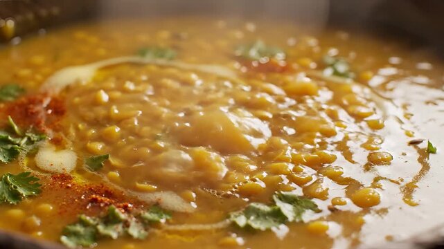 Closeup of Delicious Lentil Dal Cooking with Fresh Herbs and Spices.