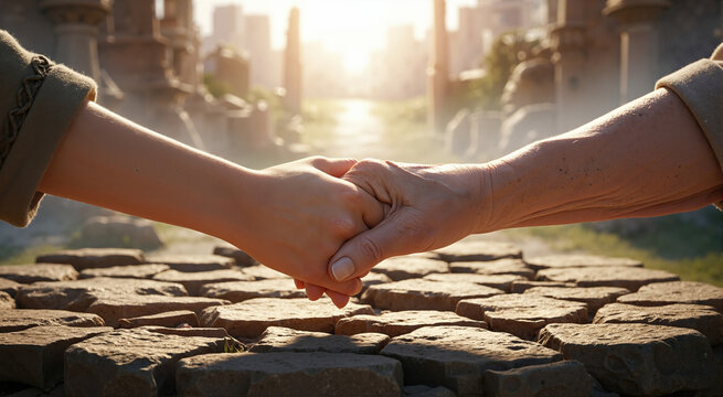 Close-up of young and old hands clasped together over broken stones. Generational connection and support with ancient ruins in warm sunlight