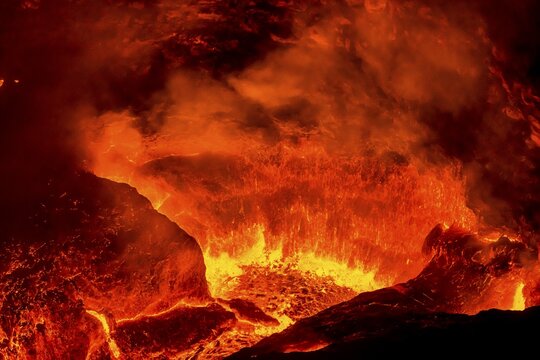 Glowing active lava lake, eruption, Erta Ale shield volcano, Danakil depression, Afar region, Ethiopia