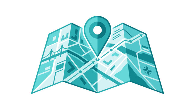 Teal Folded City Navigation Map Illustration with Modern GPS Location Pin and Geometric Flat Design on White Background
