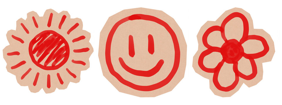 Hand-drawn red ink smiley face, sun and flower sticker set on craft paper cutouts. Cute sun doodle collection for aesthetic zine and scrapbook. Isolated PNG on transparent background (PNG format).