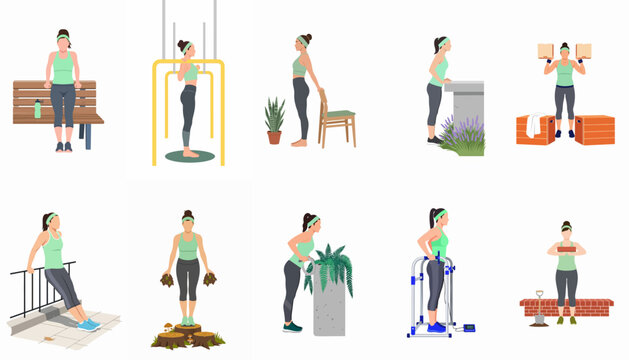 Collection of illustrations depicting a woman performing diverse fitness exercises using common household items and outdoor structures in a clean flat design style.