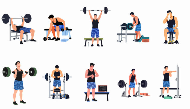 Flat vector character set of a man performing diverse gym exercises like weightlifting, bicep curls, and bench presses for fitness and strength training.