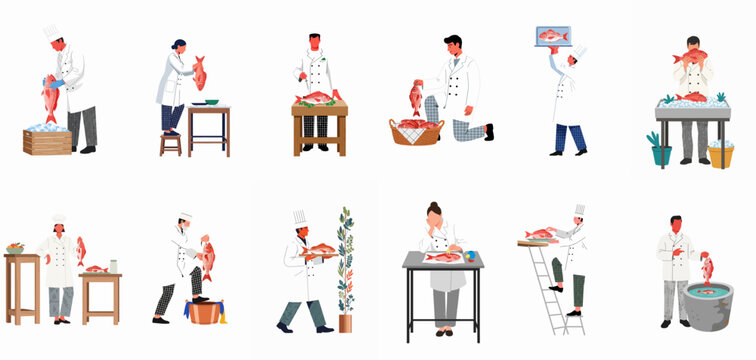 Professional chefs and kitchen staff preparing and handling fresh red snapper fish in various culinary scenes, flat vector illustration set on white background.