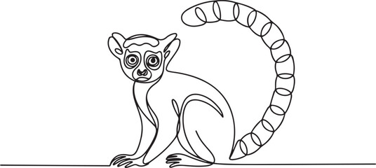 A portrait of a beautiful scared adult young lemur with big sad eyes and a long striped tail. one line Art icon drawing vector © MDABBAS