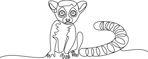 A portrait of a beautiful scared adult young lemur with big sad eyes and a long striped tail. one line Art icon drawing vector © MDABBAS