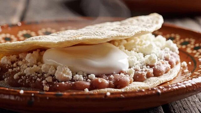 Delicious Mexican Tlayuda with Beans and Cheese on a Rustic Plate.