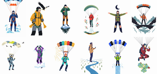 Set of flat illustrations featuring skydivers and paragliders engaged in extreme sports across various natural landscapes such as mountains, forests, and clouds. © Mulan