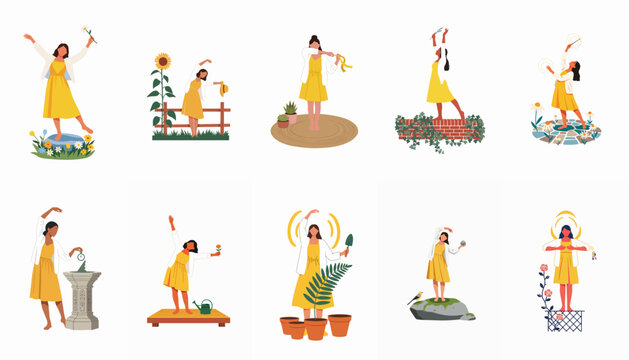 Set of ten vector illustrations featuring a woman in a yellow dress participating in various outdoor activities like gardening, meditation, and enjoying nature.