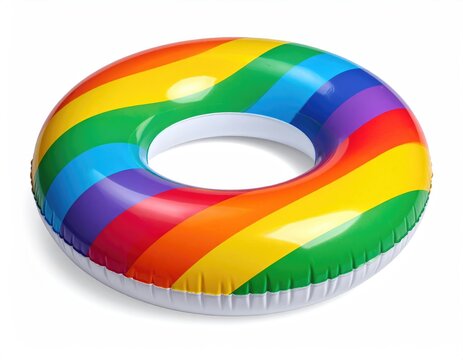 A vibrant, rainbow-striped inflatable pool float on a stark white background