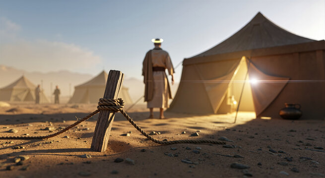Wooden tent peg and rope in the sand. Blurred background of a man in ancient robes with a halo in a desert encampment. Biblical historical concept